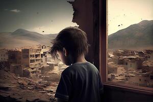 illustration of a sad child standing in front of collapse buildings area, natural disaster or war victim, sorrow scenery idea for support children's right photo