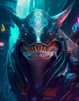 Cyberpunk shark realistic illustration created with ai tools photo