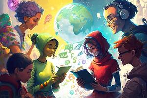 illustration of a multiverse of speech, a fantasy world where everyone can talk, colorful, diverse avatars interacting with each other, human rights and women's rights photo