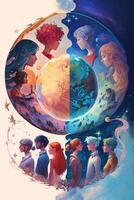 illustration of a multiverse of speech, a fantasy world where everyone can talk, colorful, diverse avatars interacting with each other, human rights and women's rights photo