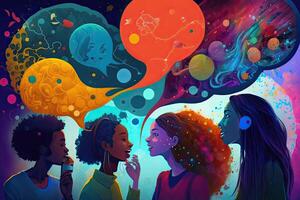 illustration of a multiverse of speech, a fantasy world where everyone can talk, colorful, diverse avatars interacting with each other, human rights and women's rights photo