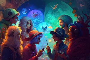 illustration of a multiverse of speech, a fantasy world where everyone can talk, colorful, diverse avatars interacting with each other, human rights and women's rights photo