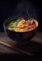 generativo ai ilustración de el más delicioso japonés ramen, soja salsa ramen en Cerdo hueso caldo foto