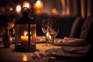 illustration of a restaurant table with a glass of white wine, soft golden light, expensive restaurant with beautiful lights in the background photo