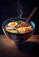 generativo ai ilustración de el más delicioso japonés ramen, soja salsa ramen en Cerdo hueso caldo foto