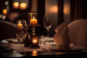 generativo ai ilustración de un restaurante mesa con un vaso de blanco vino, suave dorado luz, costoso restaurante con hermosa luces en el antecedentes foto