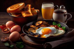 illustration of fried eggs and bacon and hash browns and black pudding and mushrooms and toast... photo