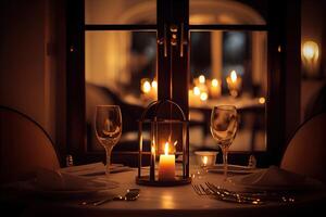 illustration of a restaurant table with a glass of white wine, soft golden light, expensive restaurant with beautiful lights in the background photo