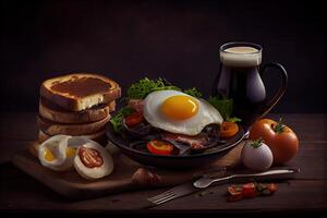 illustration of fried eggs and bacon and hash browns and black pudding and mushrooms and toast... photo