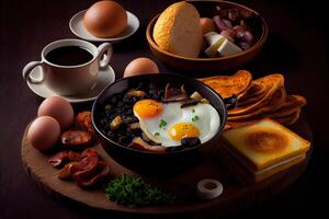 generativo ai ilustración de frito huevos y tocino y picadillo marrones y negro pudín y hongos y tostada... foto