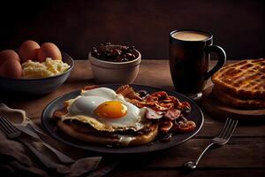 illustration of fried eggs and bacon and hash browns and black pudding and mushrooms and toast... photo