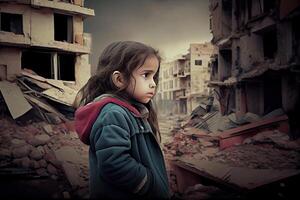 illustration of a sad child standing in front of collapse buildings area, natural disaster or war victim, sorrow scenery idea for support children's right photo