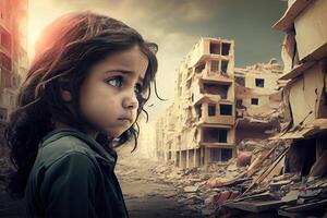 illustration of a sad child standing in front of collapse buildings area, natural disaster or war victim, sorrow scenery idea for support children's right photo