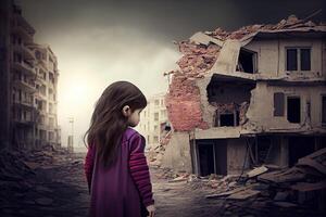 illustration of a sad child standing in front of collapse buildings area, natural disaster or war victim, sorrow scenery idea for support children's right photo