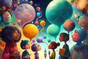 illustration of a multiverse of speech, a fantasy world where everyone can talk, colorful, diverse avatars interacting with each other, human rights and women's rights photo