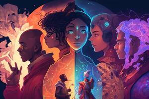 illustration of a multiverse of speech, a fantasy world where everyone can talk, colorful, diverse avatars interacting with each other, human rights and women's rights photo