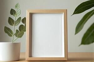 illustration of wooden picture frame mockup in side frame. Just blank frame and wooden outline. Mock up for an illustration. photo