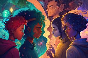 illustration of a multiverse of speech, a fantasy world where everyone can talk, colorful, diverse avatars interacting with each other, human rights and women's rights photo