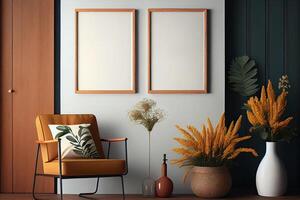 Generative AI illustration of vertical blank picture frame mockup, frame on the wall, nature decoration, mid century living room. Mock up for an illustration. photo