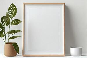 illustration of wooden picture frame mockup in side frame. Just blank frame and wooden outline. Mock up for an illustration. photo