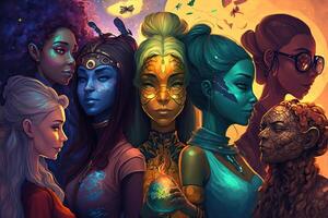 illustration of a multiverse of speech, a fantasy world where everyone can talk, colorful, diverse avatars interacting with each other, human rights and women's rights photo