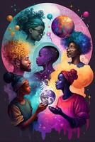 illustration of a multiverse of speech, a fantasy world where everyone can talk, colorful, diverse avatars interacting with each other, human rights and women's rights photo