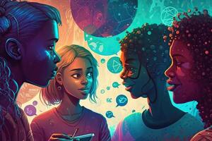 illustration of a multiverse of speech, a fantasy world where everyone can talk, colorful, diverse avatars interacting with each other, human rights and women's rights photo