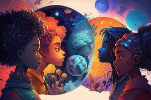 illustration of a multiverse of speech, a fantasy world where everyone can talk, colorful, diverse avatars interacting with each other, human rights and women's rights photo