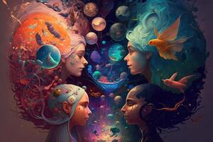 illustration of a multiverse of speech, a fantasy world where everyone can talk, colorful, diverse avatars interacting with each other, human rights and women's rights photo