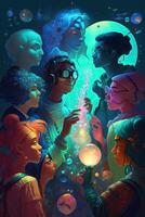 illustration of a multiverse of speech, a fantasy world where everyone can talk, colorful, diverse avatars interacting with each other, human rights and women's rights photo