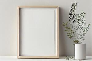 illustration of wooden picture frame mockup in side frame. Just blank frame and wooden outline. Mock up for an illustration. photo
