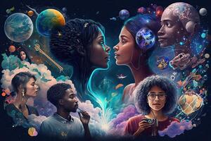 illustration of a multiverse of speech, a fantasy world where everyone can talk, colorful, diverse avatars interacting with each other, human rights and women's rights photo