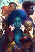 illustration of a multiverse of speech, a fantasy world where everyone can talk, colorful, diverse avatars interacting with each other, human rights and women's rights photo