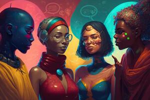 illustration of a multiverse of speech, a fantasy world where everyone can talk, colorful, diverse avatars interacting with each other, human rights and women's rights photo