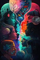 illustration of a multiverse of speech, a fantasy world where everyone can talk, colorful, diverse avatars interacting with each other, human rights and women's rights photo