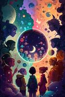 illustration of a multiverse of speech, a fantasy world where everyone can talk, colorful, diverse avatars interacting with each other, human rights and women's rights photo