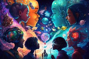 illustration of a multiverse of speech, a fantasy world where everyone can talk, colorful, diverse avatars interacting with each other, human rights and women's rights photo