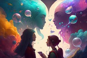 illustration of a multiverse of speech, a fantasy world where everyone can talk, colorful, diverse avatars interacting with each other, human rights and women's rights photo