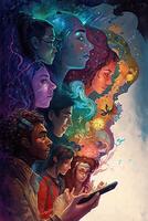 illustration of a multiverse of speech, a fantasy world where everyone can talk, colorful, diverse avatars interacting with each other, human rights and women's rights photo