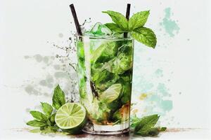 generativo ai ilustración de mojito cóctel con hielo y menta, Perfecto para verano foto