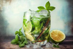 generativo ai ilustración de mojito cóctel con hielo y menta, Perfecto para verano foto