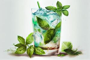 Generative AI illustration of mojito cocktail with ice and mint, perfect for summer photo