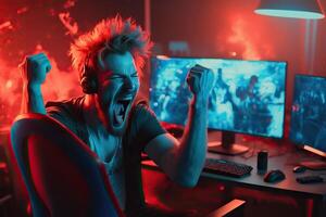 illustration of professional eSports gamer rejoices in the victory in cyber game room. Gamer celebrating victory. Winning a game. Electronic sports player rejoices victory photo