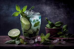 Generative AI illustration of mojito cocktail with ice and mint, perfect for summer photo