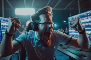 illustration of professional eSports gamer rejoices in the victory in cyber game room. Gamer celebrating victory. Winning a game. Electronic sports player rejoices victory photo