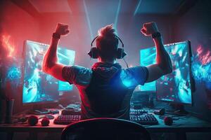 illustration of professional eSports gamer rejoices in the victory in cyber game room. Gamer celebrating victory. Winning a game. Electronic sports player rejoices victory photo