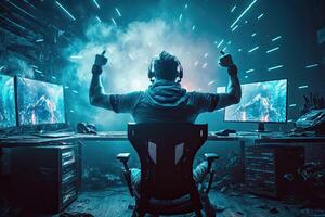 illustration of professional eSports gamer rejoices in the victory in cyber game room. Gamer celebrating victory. Winning a game. Electronic sports player rejoices victory photo