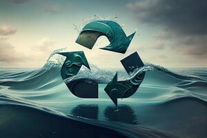 illustration of recycle symbol in the ocean. photo realistic, environmental issues, trash