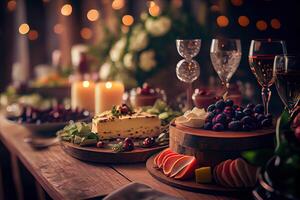 illustration of serving table of a variety of delicious festive food and wine prepared for event party or wedding. Selective focus photo