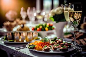Generative AI illustration of serving table of a variety of delicious festive food and wine prepared for event party or wedding. Selective focus photo